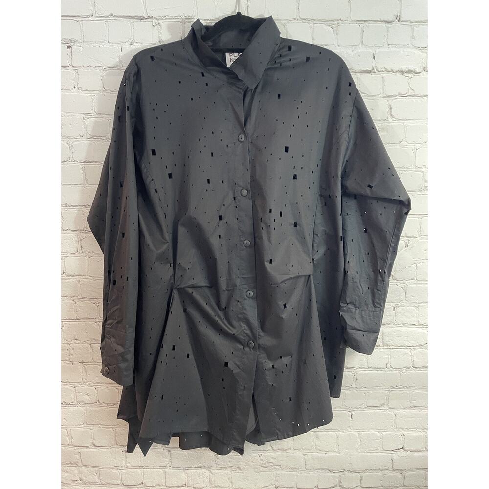 PLANET by Lauren G Signature Oversize Button Up Shirt Black Cut Out Holes Size 1